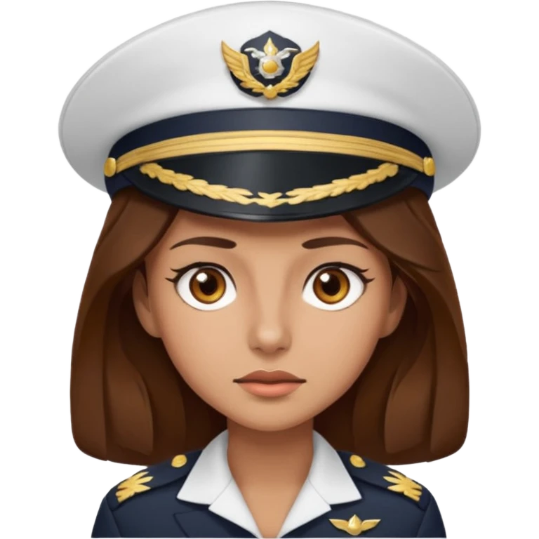 woman with brown hair and brown eyes.  space ship captain with white hat emoji