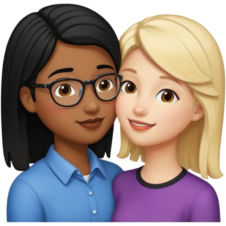 pretty blonde girl barbie kissing nerd with black hair and brown skin on the cheek emoji