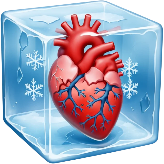 A highly detailed, realistic human heart frozen solid inside a transparent cube of ice, with visible cracks, frost, and cold mist surrounding it, dramatic lighting, dark background emoji
