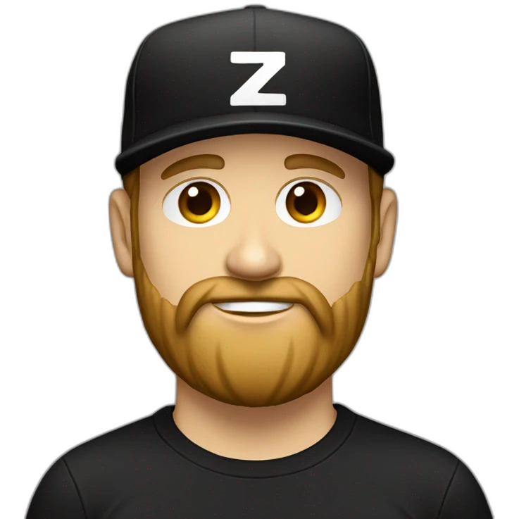 white guy with a beard, black cap with a "z" logo, black t-shirt with a "z" logo on a desk emoji