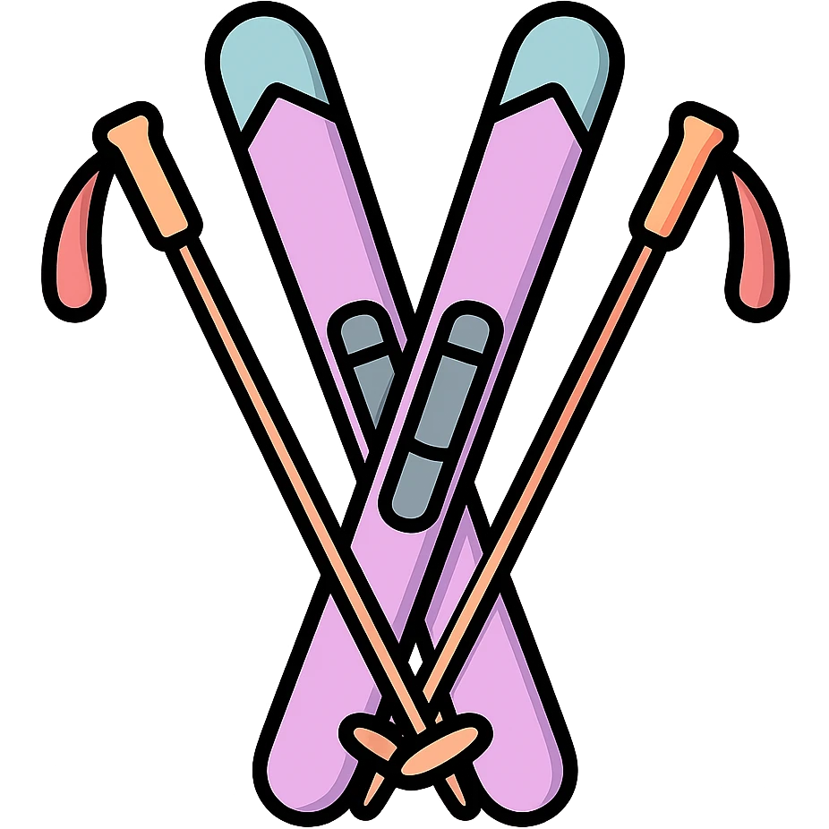 cross-country skis standing with poles crossed in front, icon-color-outlined style, detailed shading, thin clean outlines, soft rounded features, pastel palette #98B5BC #B5B3C1 #C9A3C9 #E4C0CA #F7DCD1 #F7C0AA, Japanese pop art, sticker look, highly detailed, vector clarity, soft lighting, subtle shadows, transparent background emoji