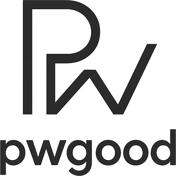 minimalist logo for 'pwgood' featuring an abstract symbol with clean lines, black and white color scheme emoji