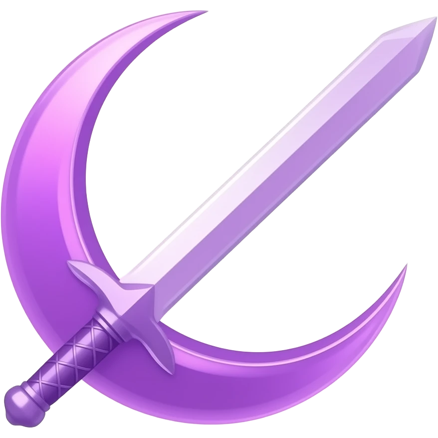 Glowing purple detailed crescent moon with an elegant detailed glowing purple transparent sword, emoji style. Soft violet and pink glow, minimal clean design, smooth edges, subtle lighting, centered, high contrast, transparent background. emoji