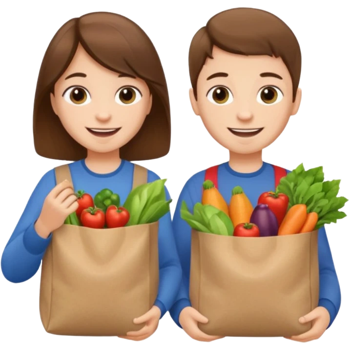 caucasian kids putting groceries in bags smiling brown hair emoji