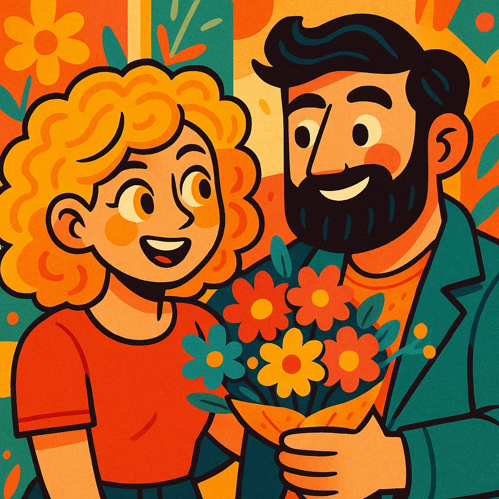 a curly haired girl with yellow eyes and hair parted from the right side, next to a handsome bearded man holding a bouquet, vibrant, playful, and detailed emoji