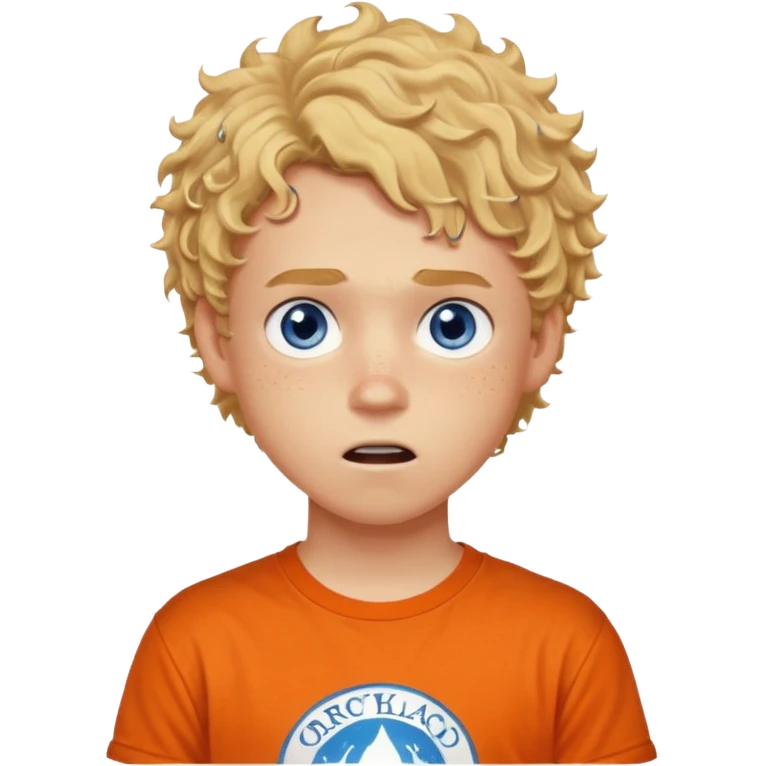 teenage boy with curly blond hair and blue eyes with freckles wearing an orange “Camp Halfblood” tshirt with the official percy jackson camp halfblood logo on it have hime doing a shocked face emoji