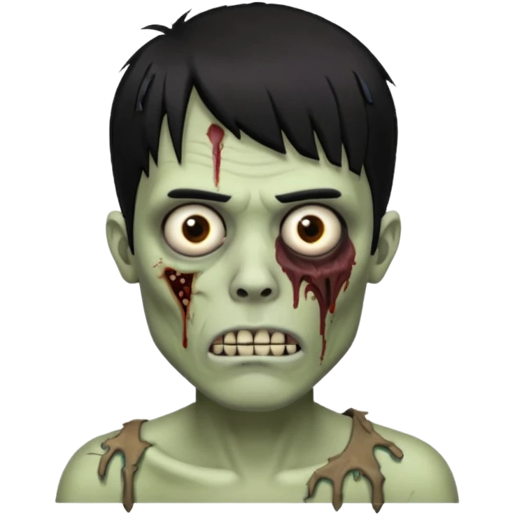 homem zombie de franja, cabelo preto, uma ponta maior da franja e o resto do cabelo picotado, cabelo médio e com piercing no septo emoji