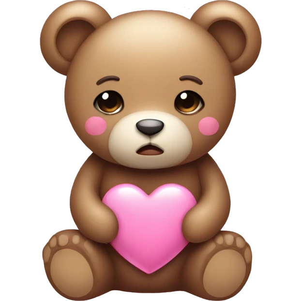 Kawaii Teddy bear with sad eyes holding a pink heart emoji