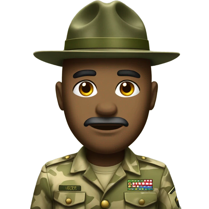 commanding drill sergeant character wearing a classic sergeant hat and a camouflage army shirt. The character should have an intense expression, exuding authority emoji