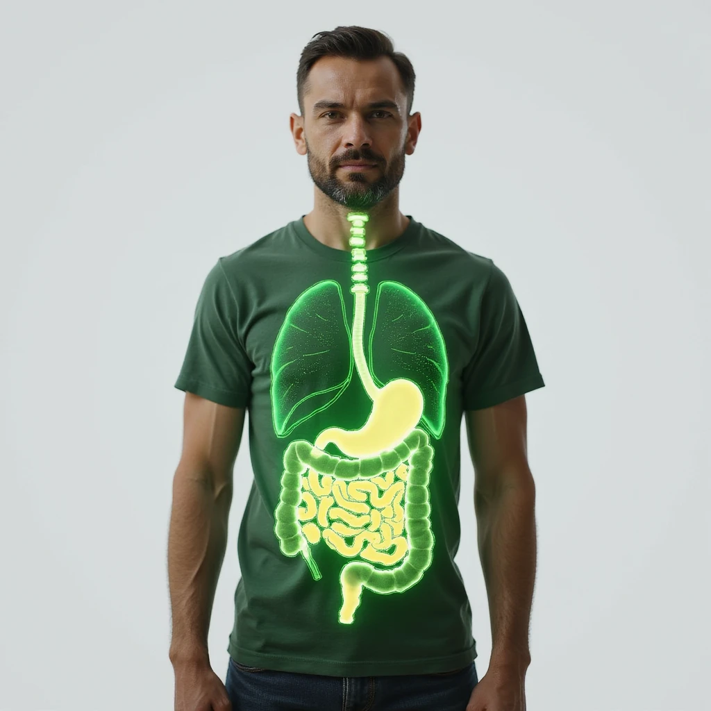 adult man front view with anatomical visualization of healthy intestine, intestine bright green to indicate health, realistic or illustrative style, neutral background, positive atmosphere emoji