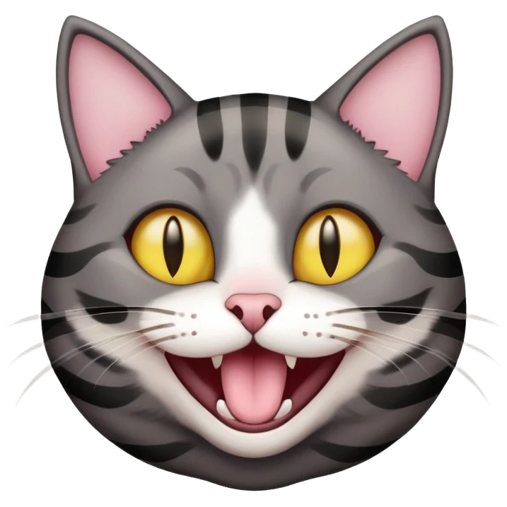 Head of a dark gray-brown striped cat with dark yellow eyes, eyes circled in black, nose light pink, cat laughing  emoji