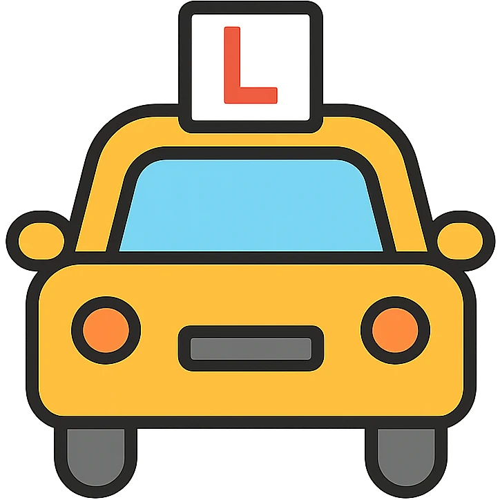 cute yellow car with learner symbol, minimal design emoji