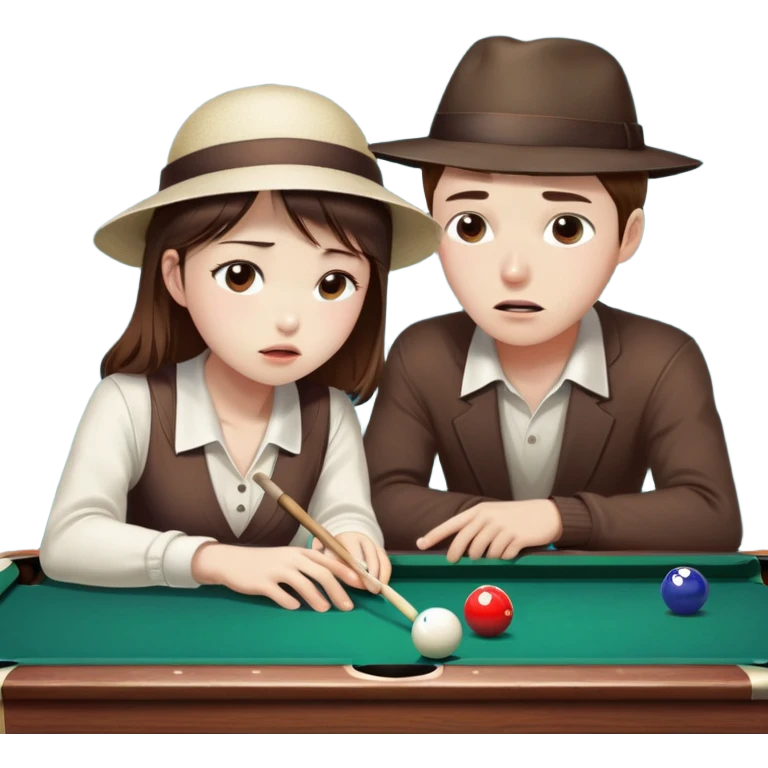 Chinese Girl without glasses and young white man with a hat and glasses brown hair playing table pool, the white man is crying because he lost  emoji