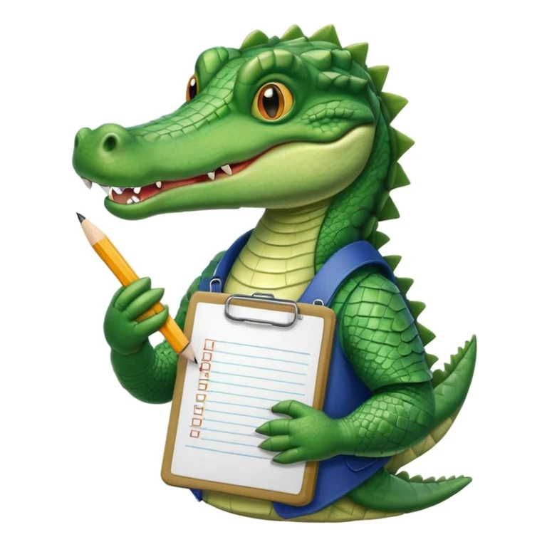 A 1980s style image of a gator with a clipboard and a pencil, offwhite background emoji