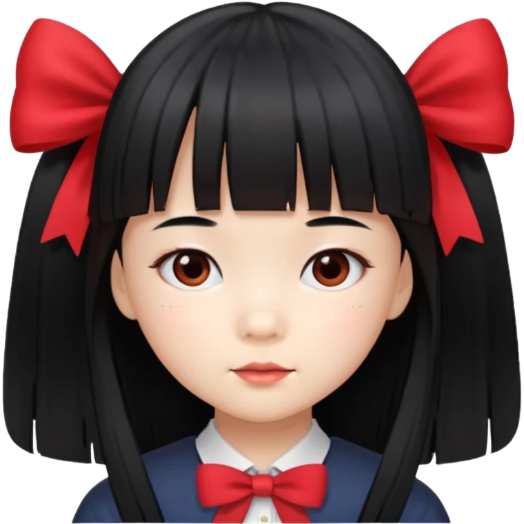 Asian little girl student with long straight black hair, bangs, red bow emoji