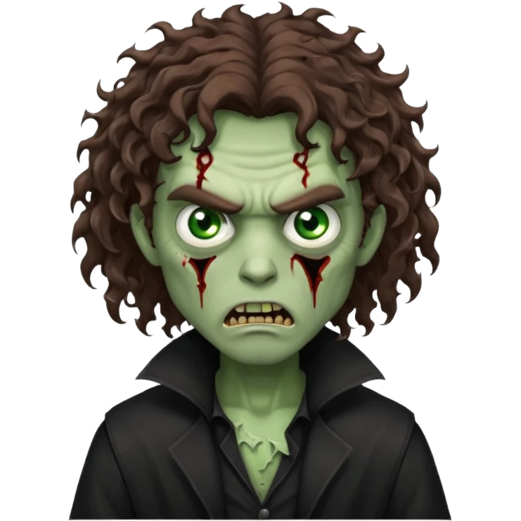 long curly haired male zombie with brown hair color and green eye color, with dark vampire clothes and angry face emotion emoji