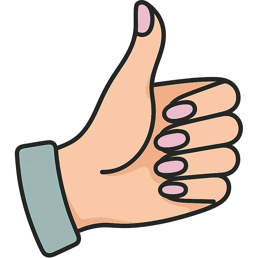 thumbs up, side view of elegant female hand with manicure, icon-color-outlined style, thin clean contours, graceful soft rounded shapes, pastel palette #98B5BC, #B5B3C1, #C9A3C9, #E4C0CA, #F7DCD1, #F7C0AA, detailed shadows and highlights, soft lighting, no background emoji