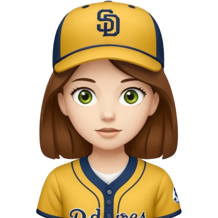 pale girl with brown hair and green eyes in a san diego padres brown and yellow baseball uniform  emoji