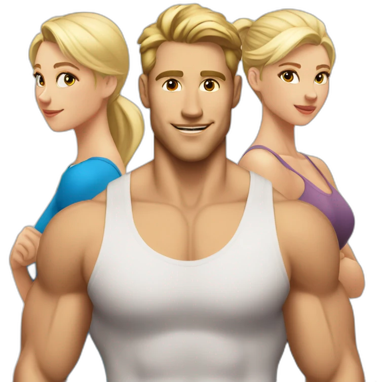 A skinny muscular white and blonde men in his 20 with two beautiful blonde girls looking an him from the side. emoji