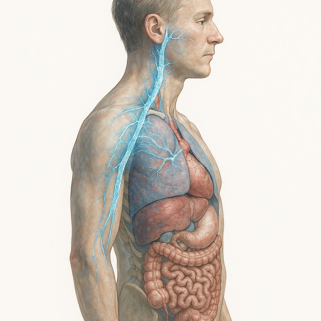 realistic human body with vagus nerve highlighted, lateral view, anatomical details, vagus nerve path clearly visible, ice effect and blue shades along the nerve, transparency showing internal organs, white background emoji