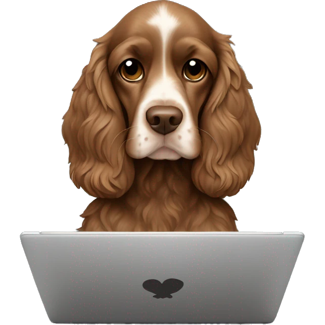 brown cocker spaniel wearing a black hoodie viewing a laptop emoji