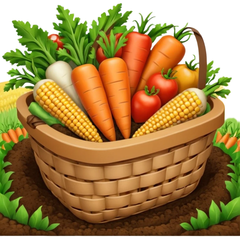 A 3D cartoon basket filled with fresh farm produce like carrots, tomatoes, and corn, placed on soil ground, soft natural lighting, Memoji-style texture. emoji