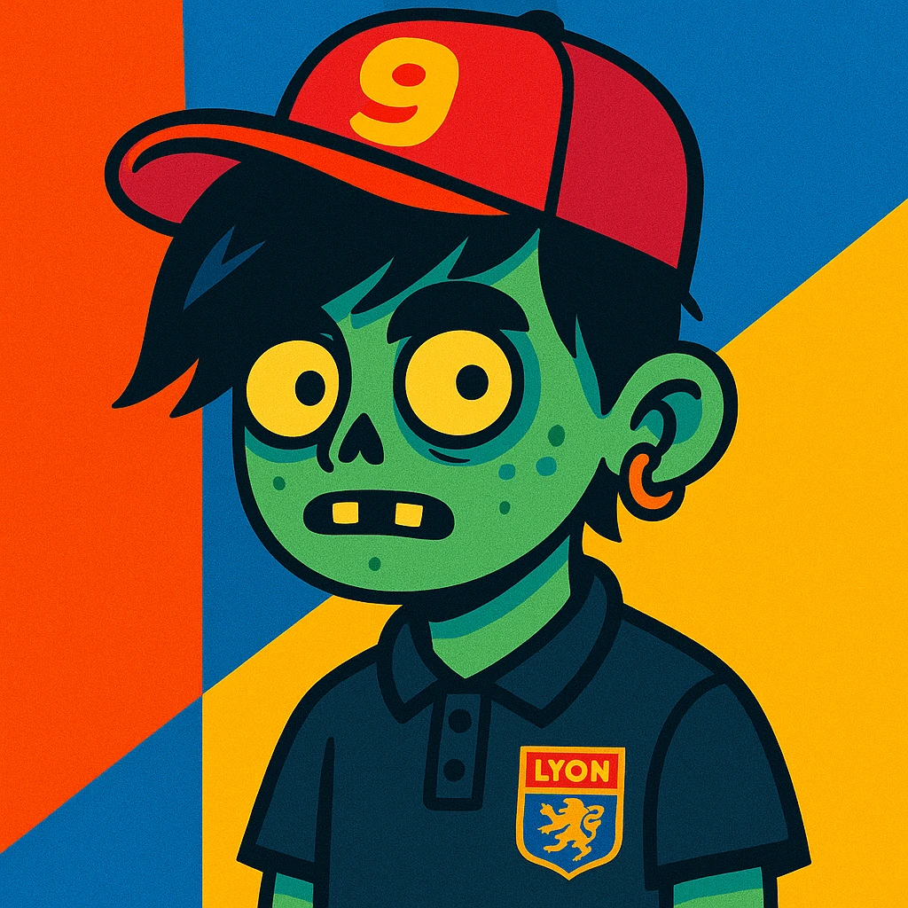 zombie boy, black emo hair, piercing, black polo shirt with Lyon logo, red cap with '9', vibrant toon style emoji
