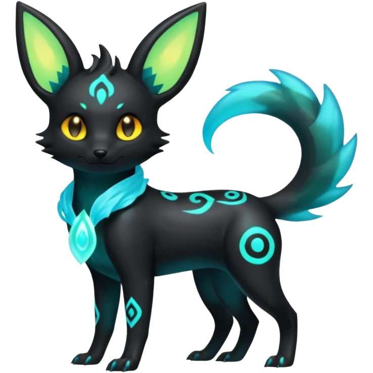 Shiny Ethereal Eldritch Cool Edgy Badass Punky Aural Iridescent Fluorescent Bioluminescent Umbreon-Amaura-Salandit-Litten-Flareon-Fakémon-fusion (full body) emoji