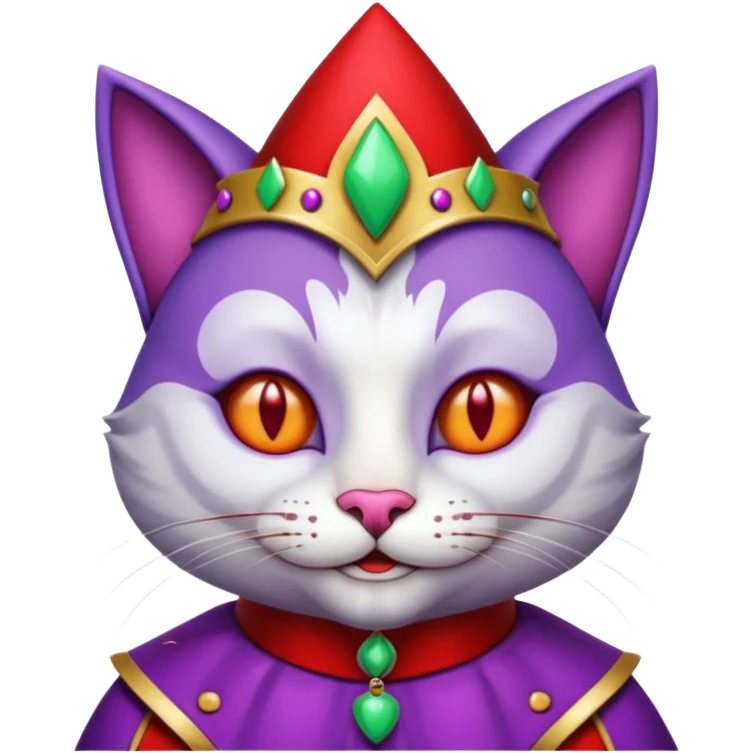crazy colorful cute little cat jolly joker from poker, medieval, vintage, court jester, mac os icon, purple and red color, chromed inserts, half body emoji