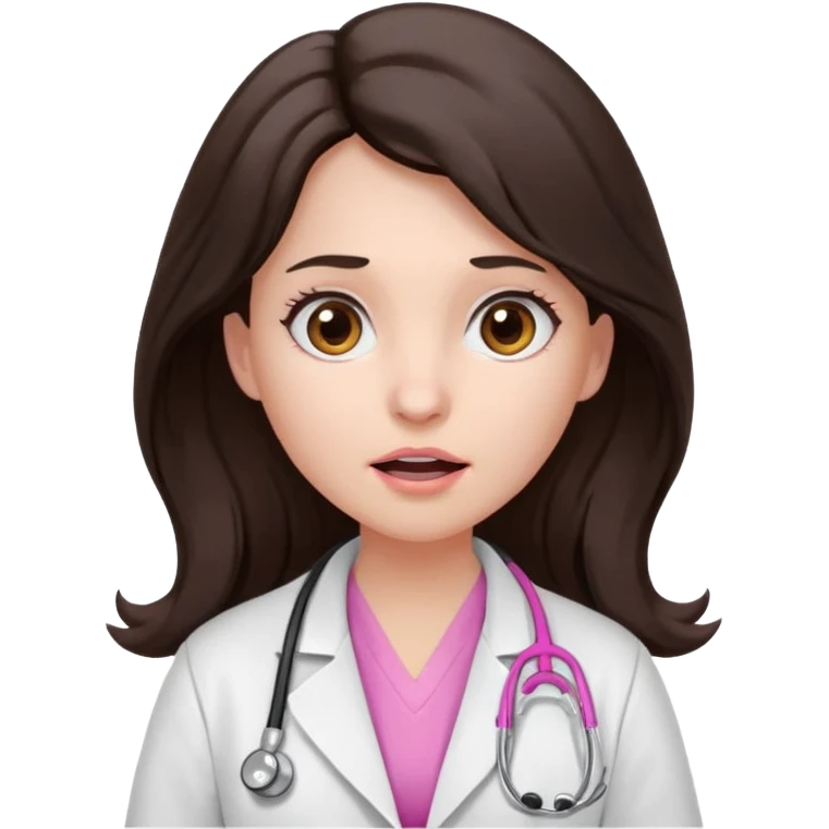 Barbie like emoji of a woman with white skin long wavy dark brown hair, brown eyes wearing a white lab coat and pink stethoscope and with a scared look emoji