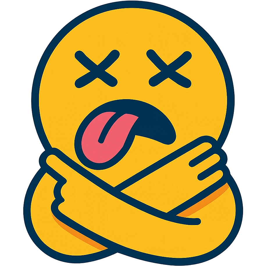 yellow emoji with arms crossed, holding neck, closed eyes, tongue out emoji