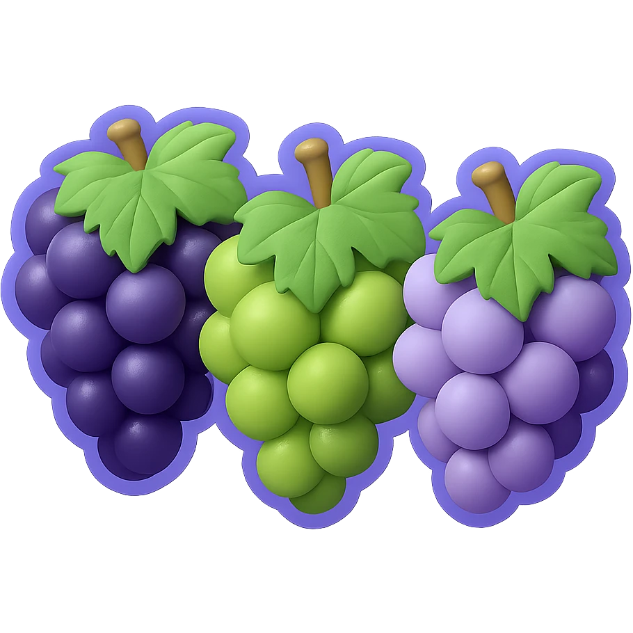 three realistic and fresh grape clusters in 3D emoji style, one dark purple, one green, one light purple, each grape cluster with grape leaves, no background emoji
