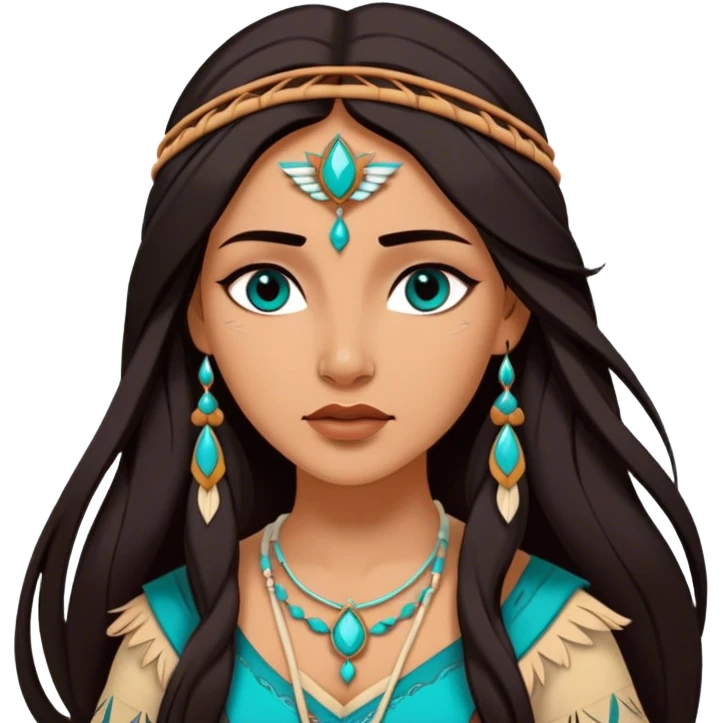 Cinematic Realistic Elegant Pocahontas Portrait, depicted with sun-kissed, warm skin rendered in lifelike detail and soft, natural lighting that accentuates its gentle glow. Her long, flowing dark hair is intricately detailed with natural movement, and her wise, expressive eyes shine with a deep, serene intensity. She is dressed in traditional attire with rich earthy tones and subtle turquoise accents, each fabric fold and texture rendered authentically. The portrait exudes a natural radiance that captures the timeless, indigenous beauty of Pocahontas with depth and authenticity. emoji