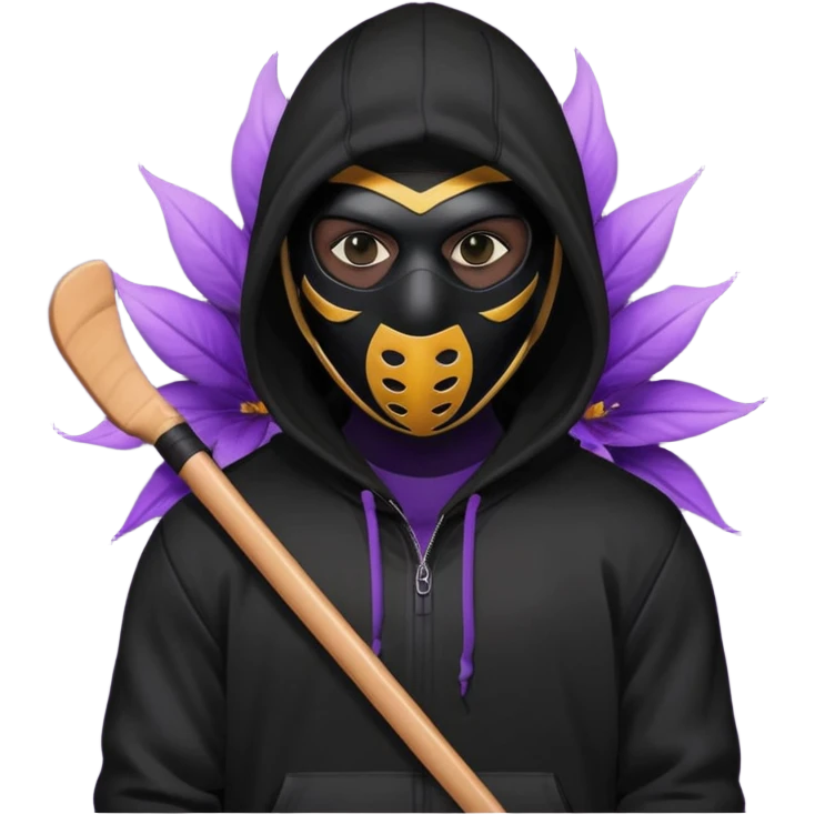non human male cartoon character related to a shadow, all black skin, with all black clothes, focusing a black hoodie, and a black hockey mask covering his entire face, just his purple shadow eyes making a light bloom, no background emoji