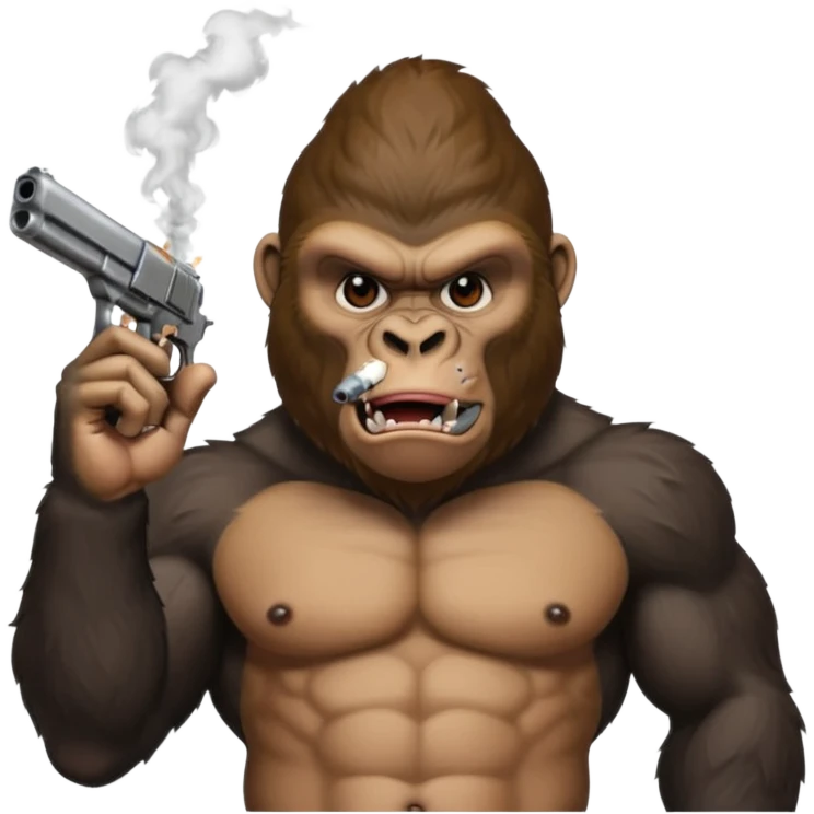 A gorilla smoking a blunt and holding a gun in the air emoji