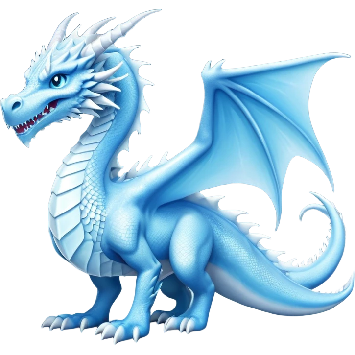 Cinematic Noble wise elegant Ice Dragon full body  Emoji, Poised and imposing, distinct long elegant snout, with a slender, scaled body shimmering in glacial hues of icy blue, frostbitten silver, and crystalline white, breathing out frost, with piercing, glowing ice blue white eyes that radiate the chilling depths of an arctic storm; rendered in detail. excuding wisdom emoji