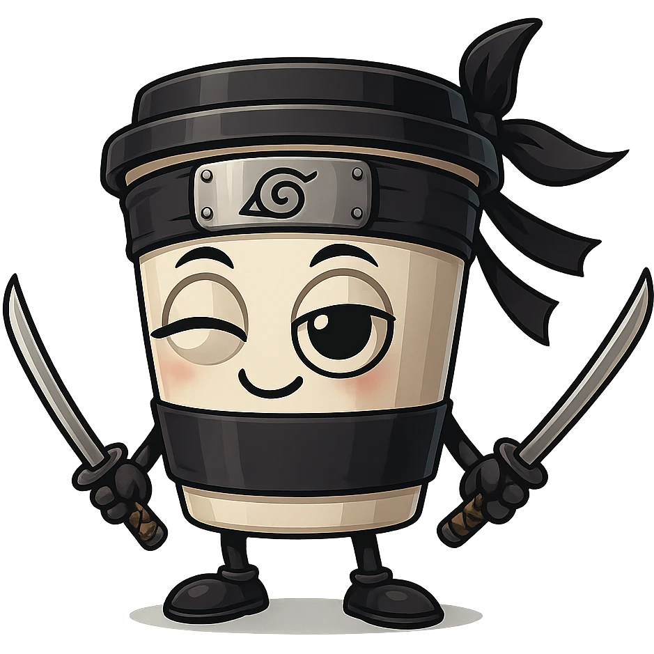 Create three more versions of the ninja coffee cup character: one with a flirty expression, one looking sleepy, and one with a big toothy grin. Maintain the style and transparent background. emoji