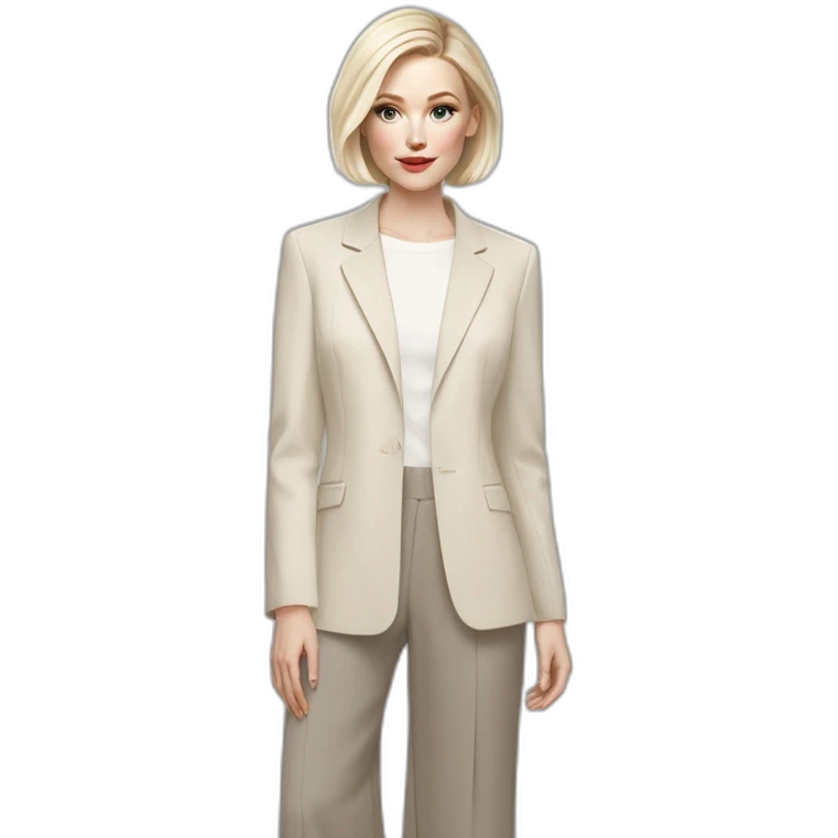 pale skin woman with ash blonde Straightened bob Hair, White Spacious classical jacket, beige palazzo Arrow pants and gray blouse holding a color palettes in the hands emoji