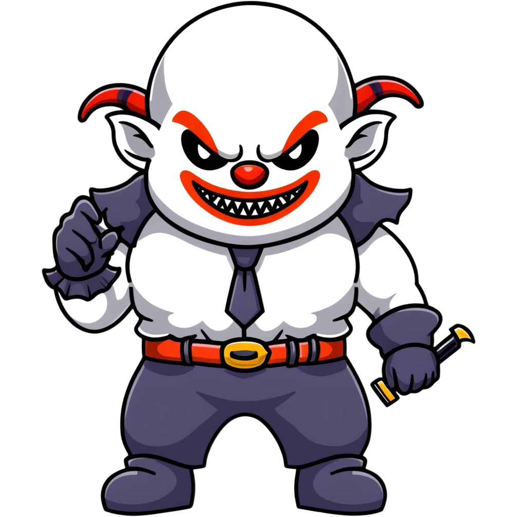 full-body muscular demonic clown in a black and white leisure suit with bellbottom pants, bald, with black ram horns, flashy black and white belt, ruffled white shirt, no neck tie, large fangs, holding a very large futuristic rifle emoji