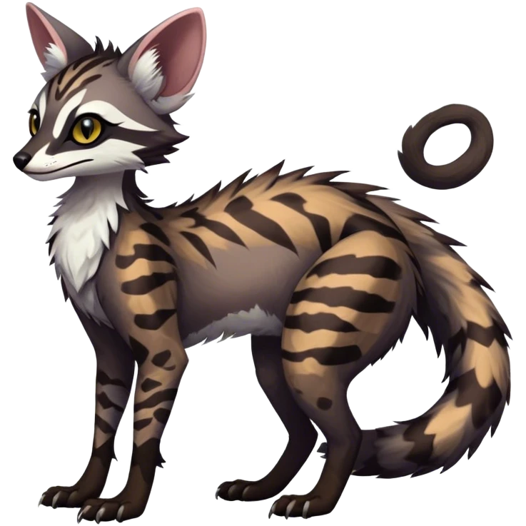 Feral Rare Fantasy dark tropical Vernid-Sergal-Genet-Trico-species by LiLaiRa, random markings, tufted tail, tufted ears, full body emoji
