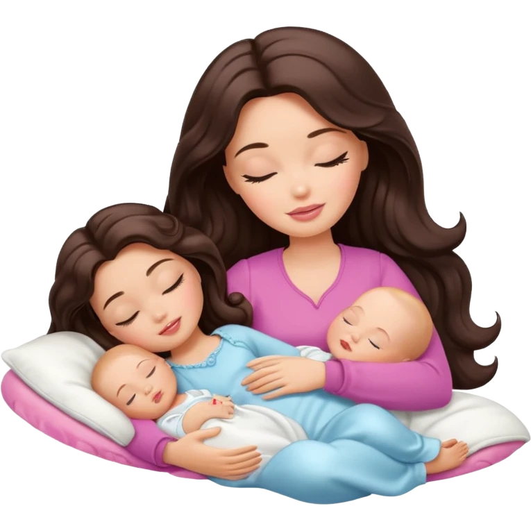 White Barbie girl dark brown long wavy hair sleeping with white baby at cream bed emoji
