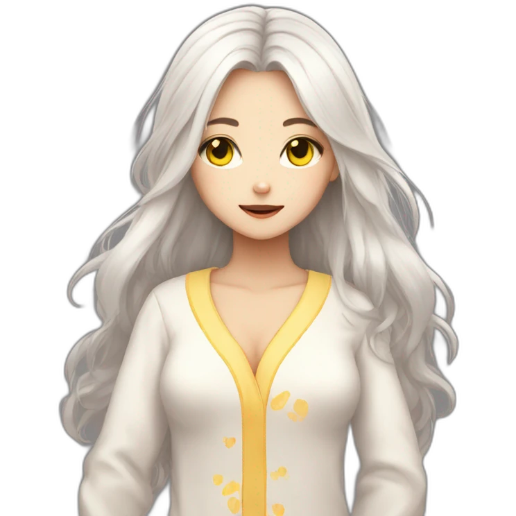 Catgirl with long white hair yellow eyes in Choral pajamas consider emoji