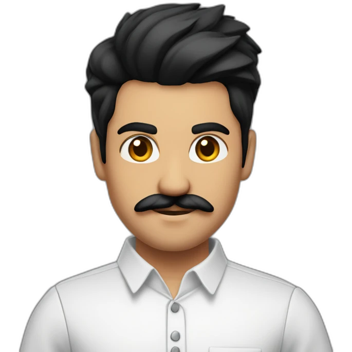 close up of white skin indian in plain white shirt with sleeve up and quiff black hair style and mustach emoji