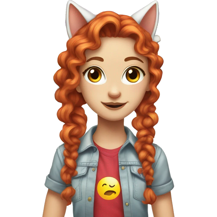 a white girl with long red curly hair in a pony tail with rainbow shirt does peace sign wearing cat ears one black other white emoji
