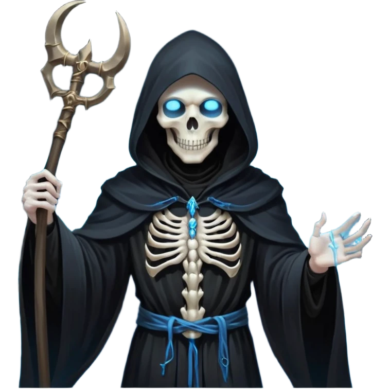portrait of a god of death in black robes, skeletal hands, glowing blue eyes under a shadowed hood, scythe in hand, floating slightly above the ground, surrounded by spirits emoji