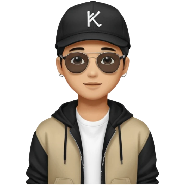 Portrait of a male K-pop idol, wearing a stylish streetwear outfit with layered clothing, makeup, wearing a black cap, happy, sunglasses emoji