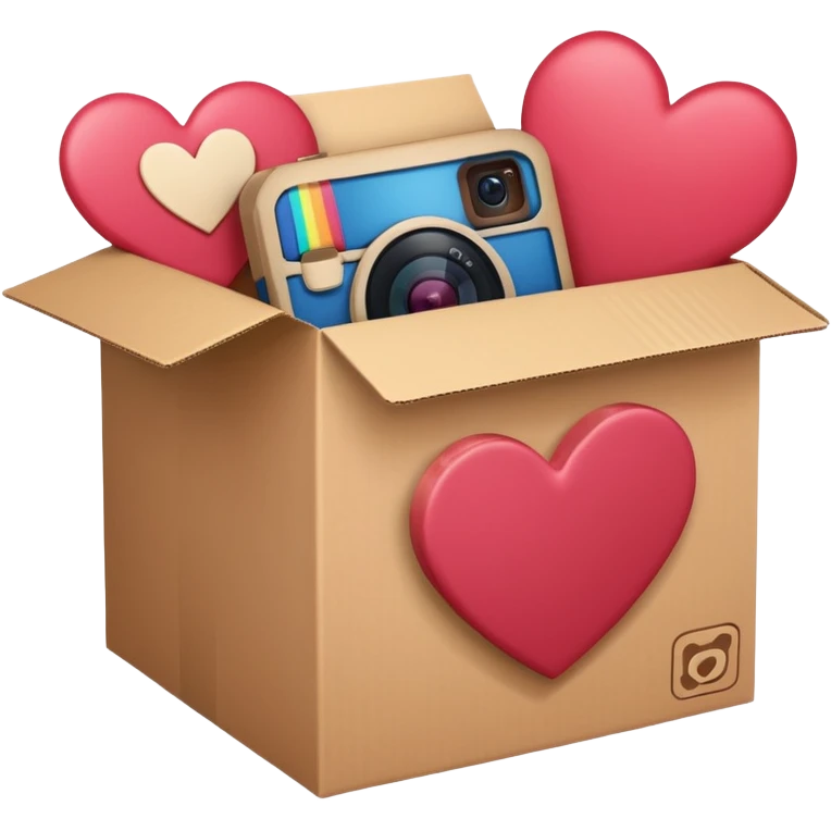 a box with an instagram logo on its face,  open with swipe files inside and hearts, likes  emoji