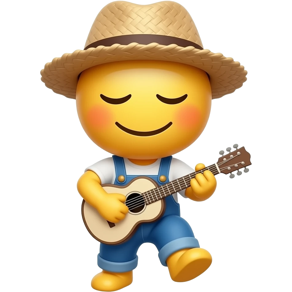 Little mini yellow emoji smiling, mouth closed, wearing straw hat playing banjo stomping his foot, top view, wearing coveralls, eyes closed emoji