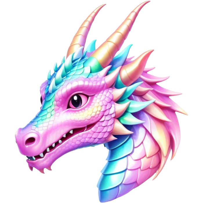 A cute Sparkly glossy Pastel iridescen dragon head profile, 2 horns emoji