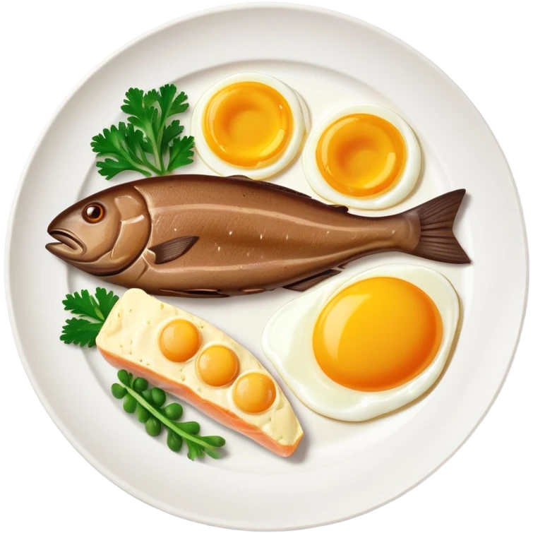A plate with liver, egg yolk, butter and fish, with vitamin A nutrition labels emoji